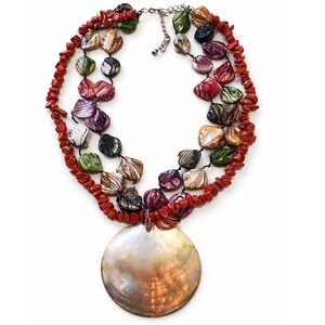 Sea Shell Necklace Coral Colored Stone Chips Abalone Statement Triple Strand